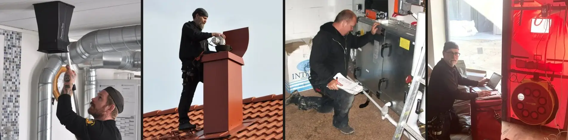 Fyra bilder från uppdrag: mätning vid en ventilationskanal, en sotare vid en skorsten på ett tegeltak, kontroll av ett ventilationsaggregat och täthetsprovning