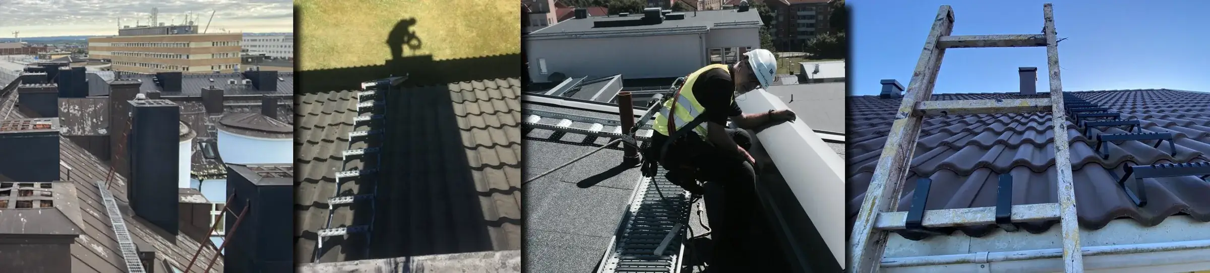 Bildkollage med takstegar, takbryggor och skorstenar